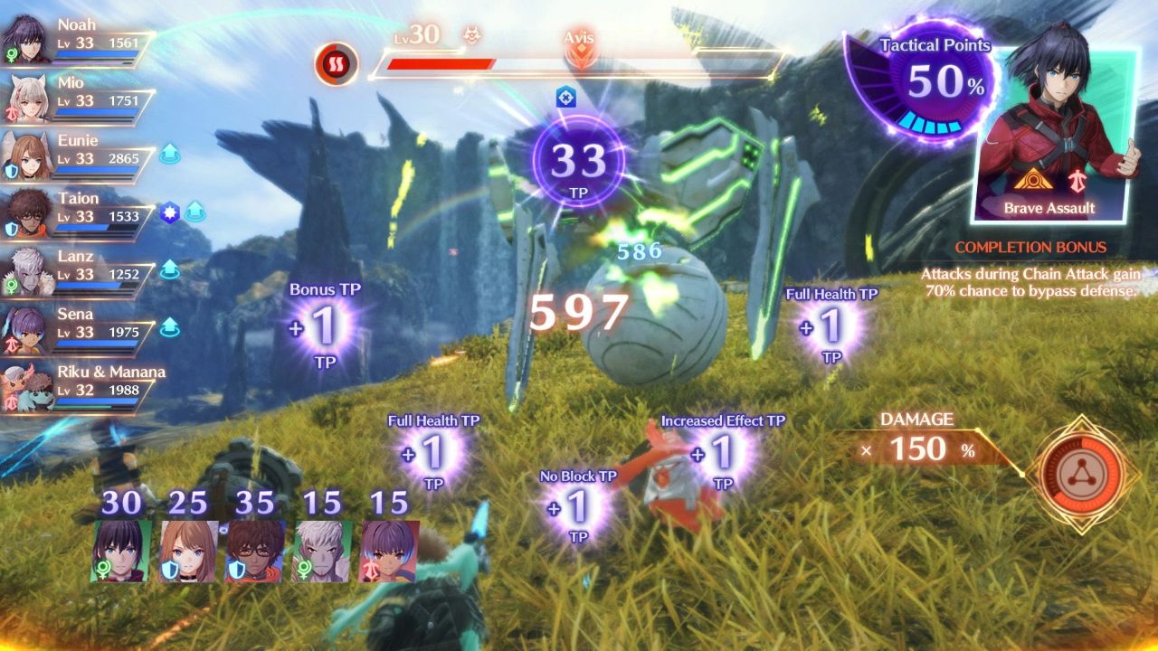 Xenoblade Chronicles 3 fully party using a Chain Attack on a levins