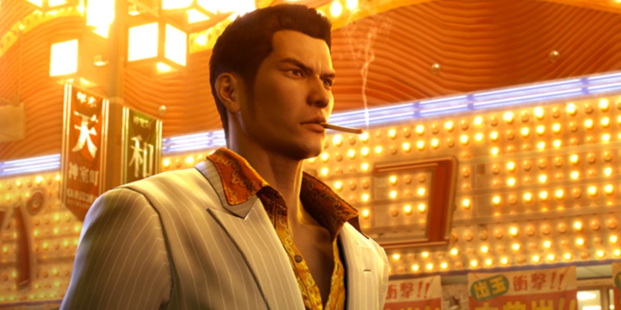 Kiryu walks through the streets of Kamurocho smoking a cigarette