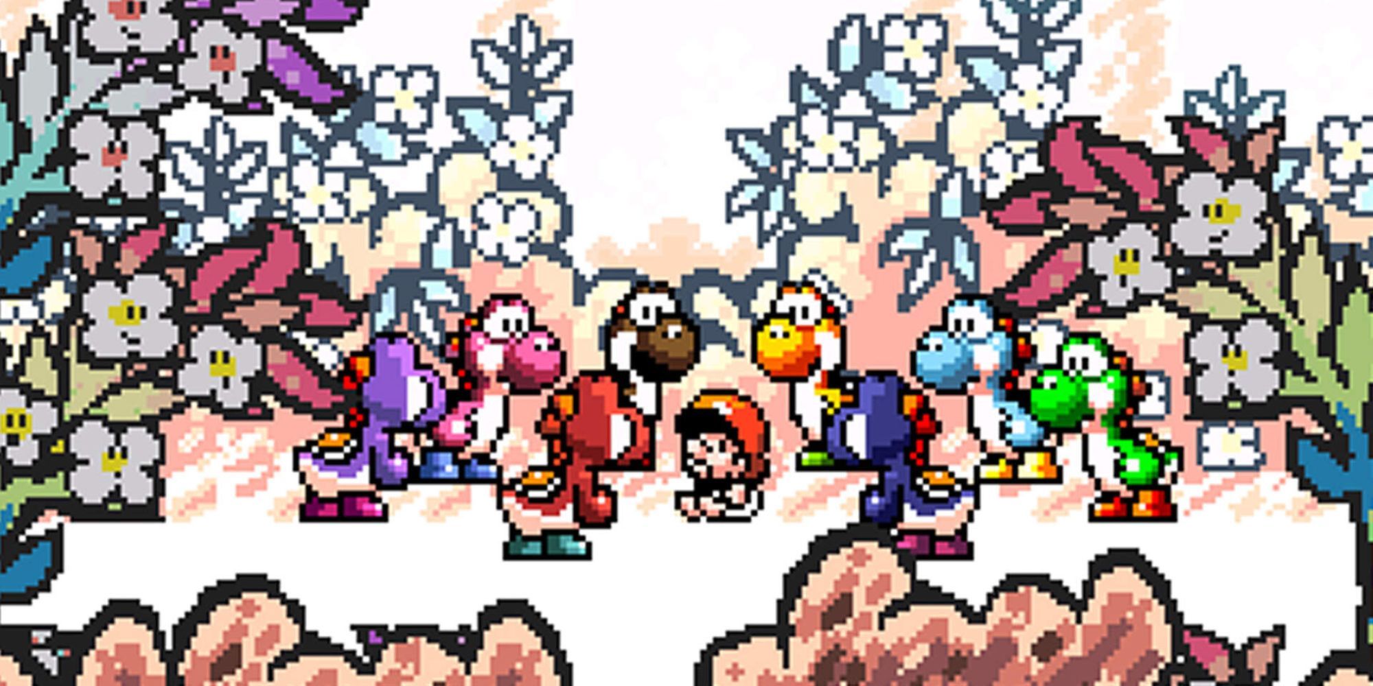 Yoshi's Island - A Group Of Colorful Yoshis Stand Around Baby Mario