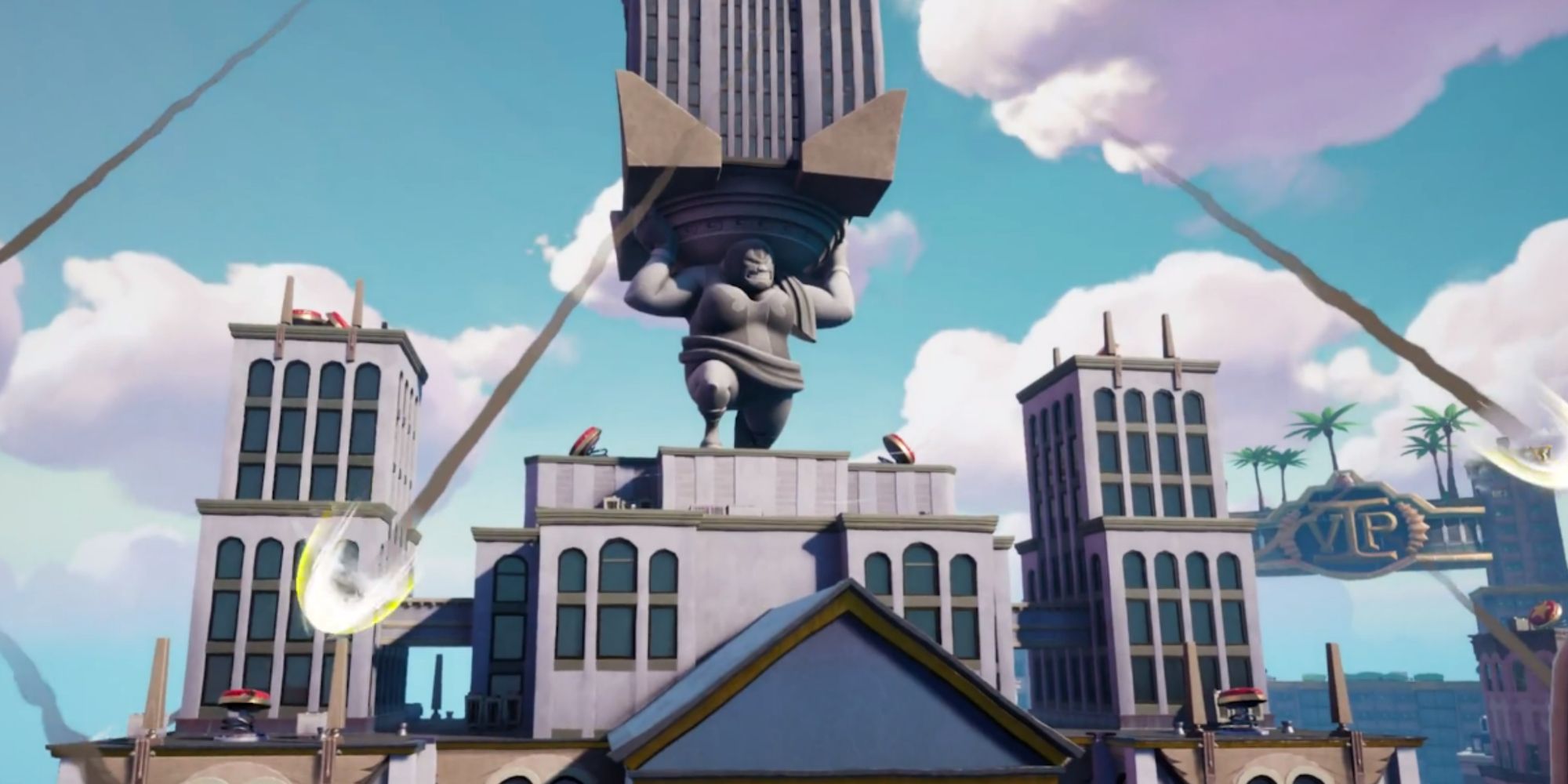 a massive statue and building with character free falling in rumbleverse