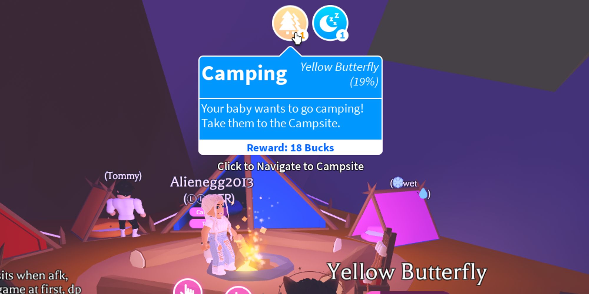joueur au camping avec tâche de camping en haut de l'écran