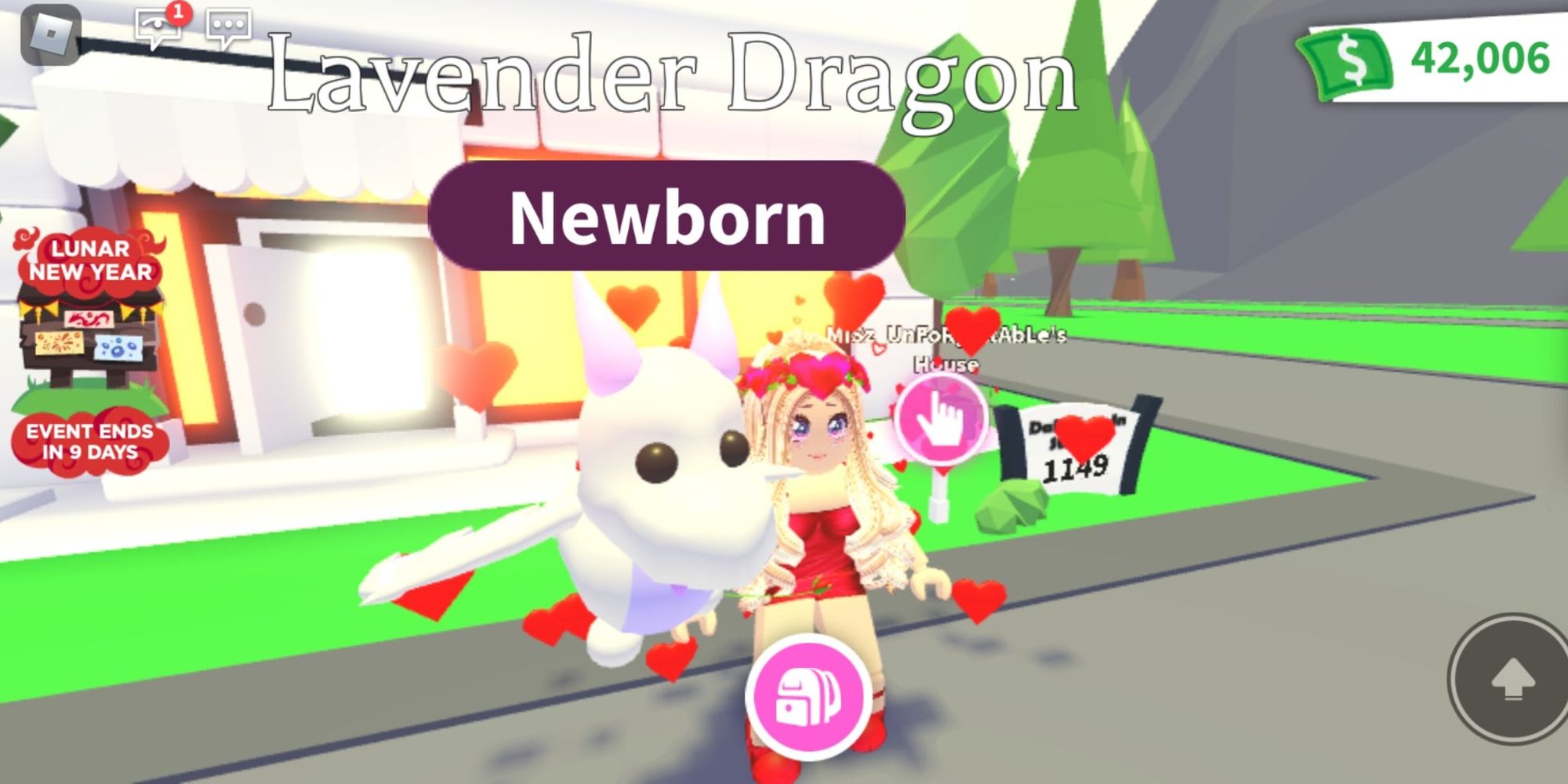 player and lavender dragon newborn standing in neighborhood