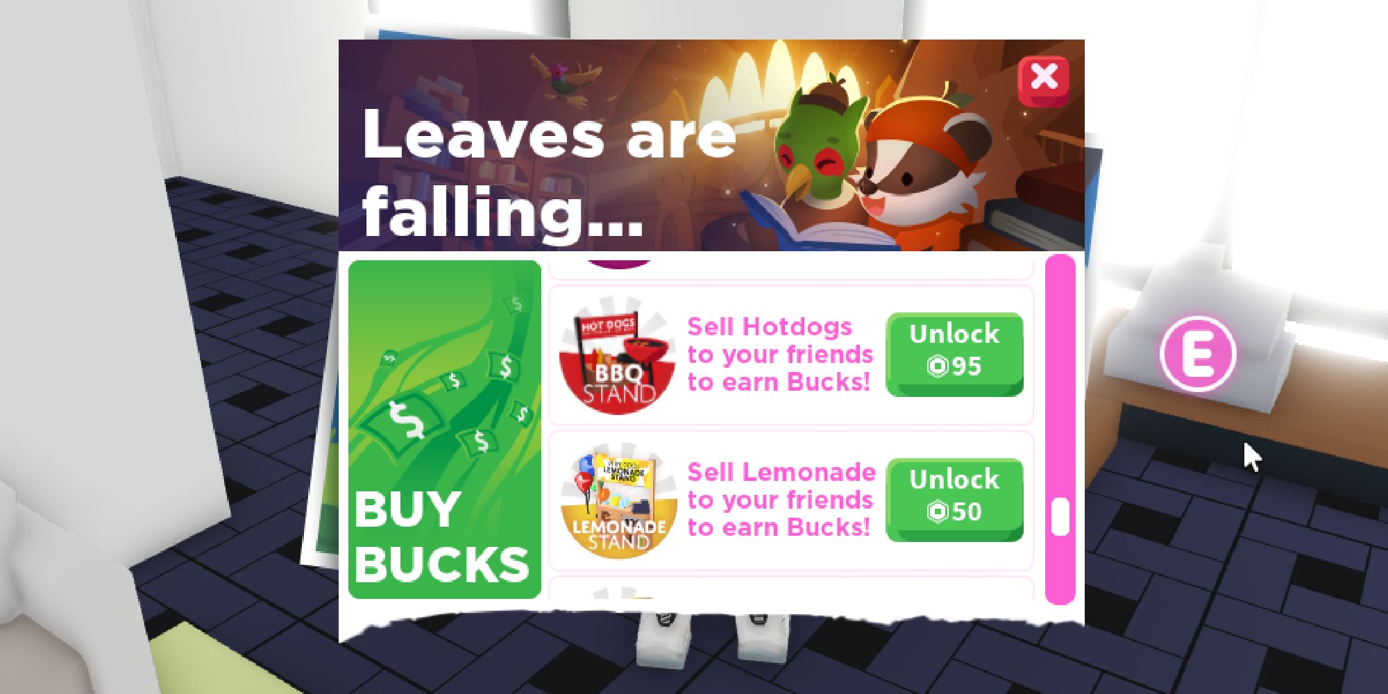 purchasing the lemonade stand from the shop screen for 50 robux