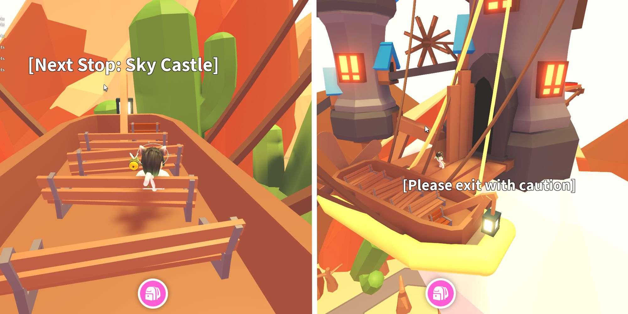 image of player in hot air balloon next to image of exterior of sky castle