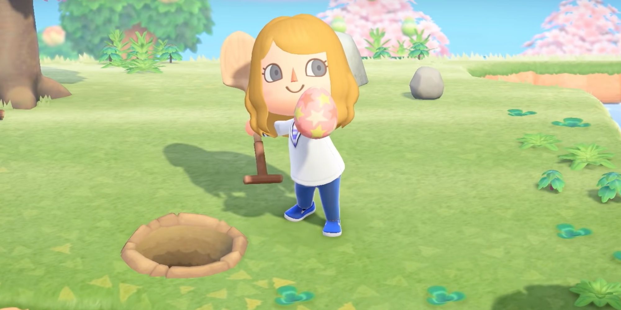 animal crossing villager finding an egg in New Horizons on Bunny Day