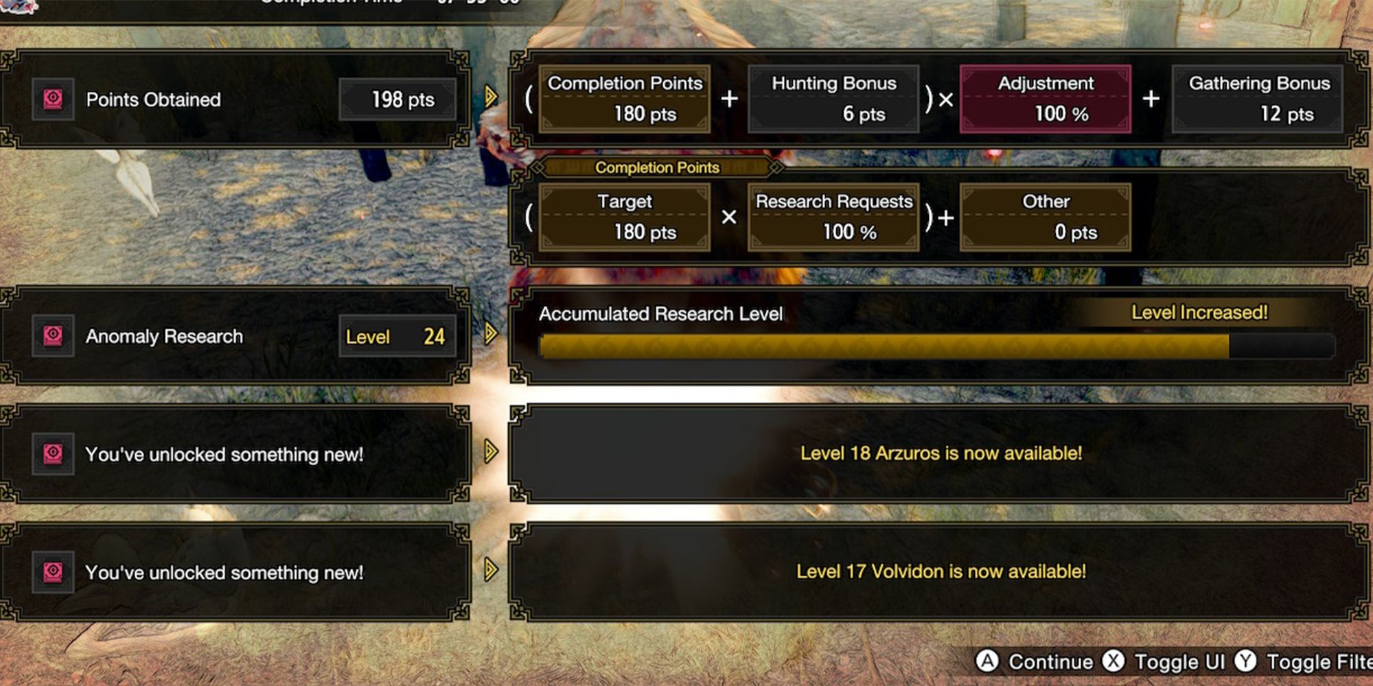 anomaly investigation quest complete screen with anomaly research level increased and new investigations available in Monster Hunter Rise Sunbreak