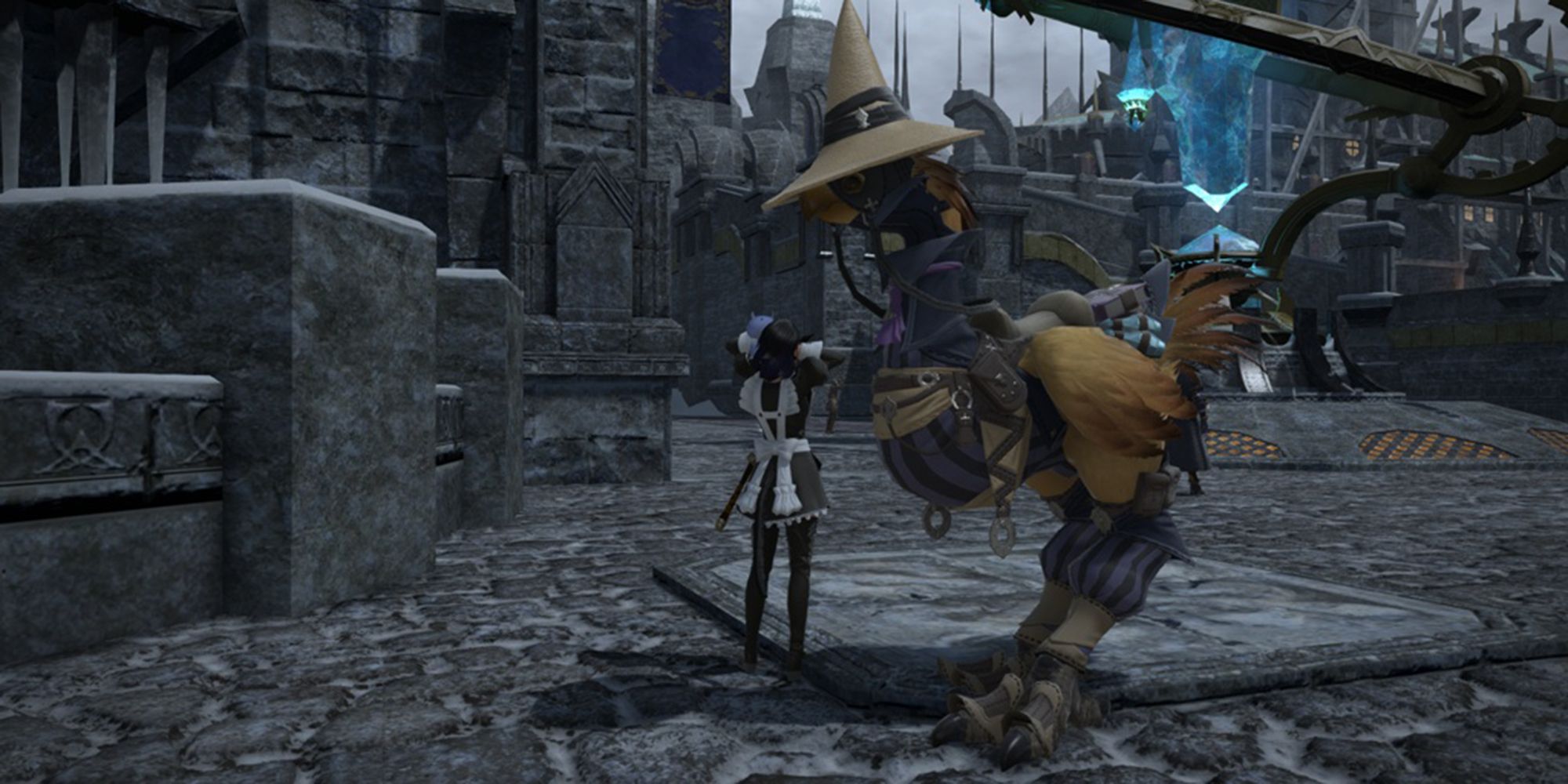 player standing next to chocobo with black mage barding