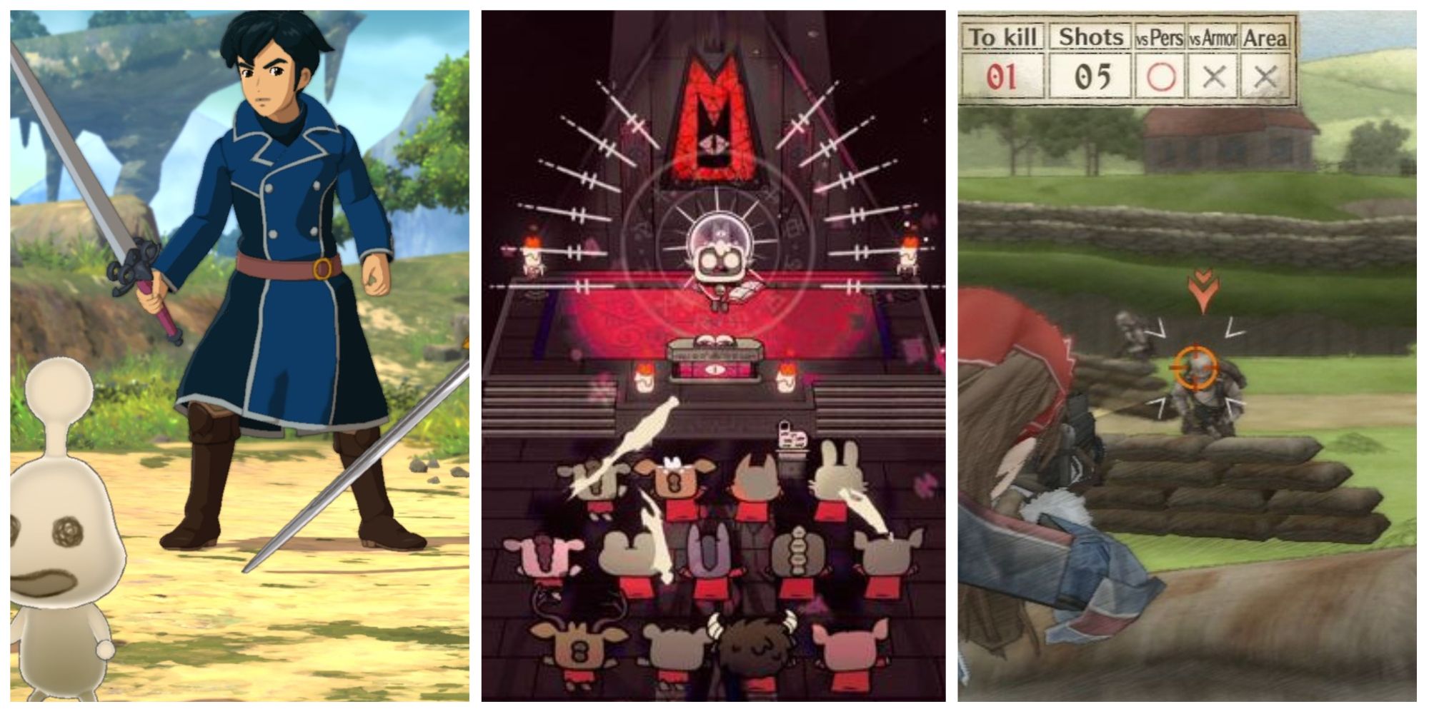 Collage of screenshots from Ni No Kuni II: Revenant Kingdom, Cult of the Lamb, and Valkyria Chronicles