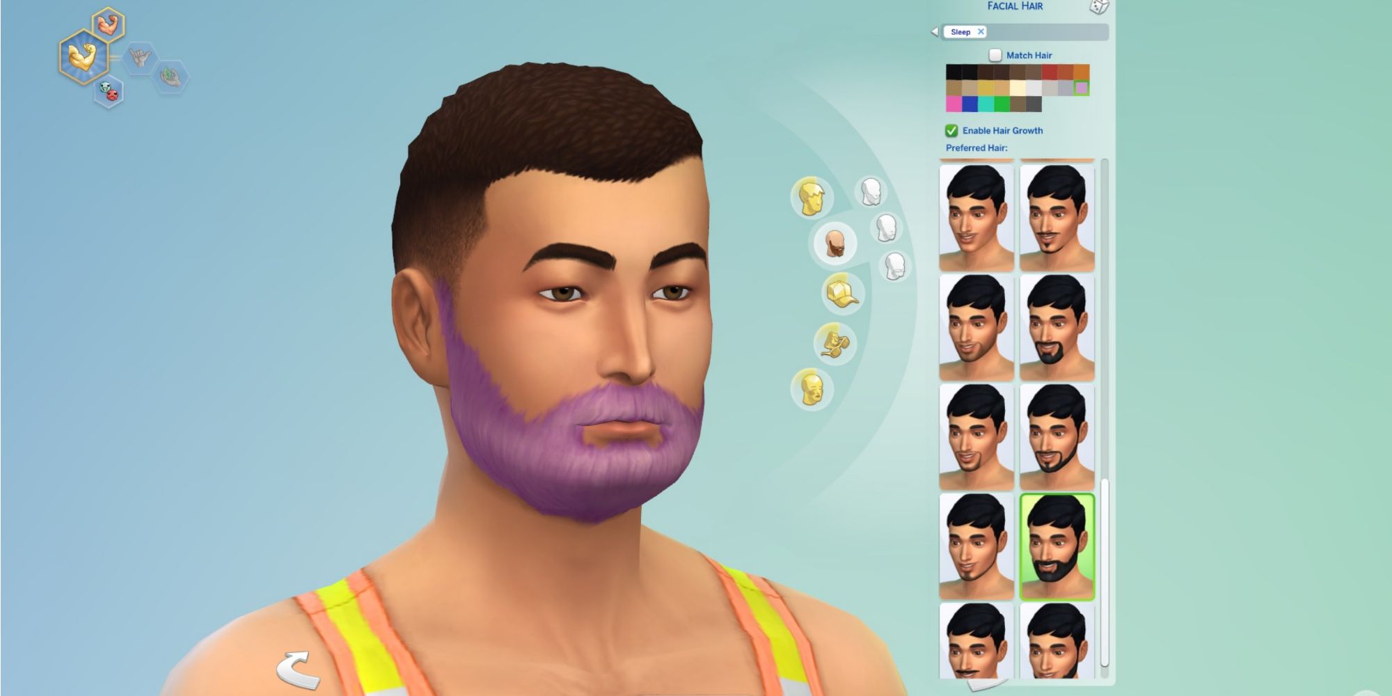 a sim with a purple beard showing several facial hair options the sims 4 body hair