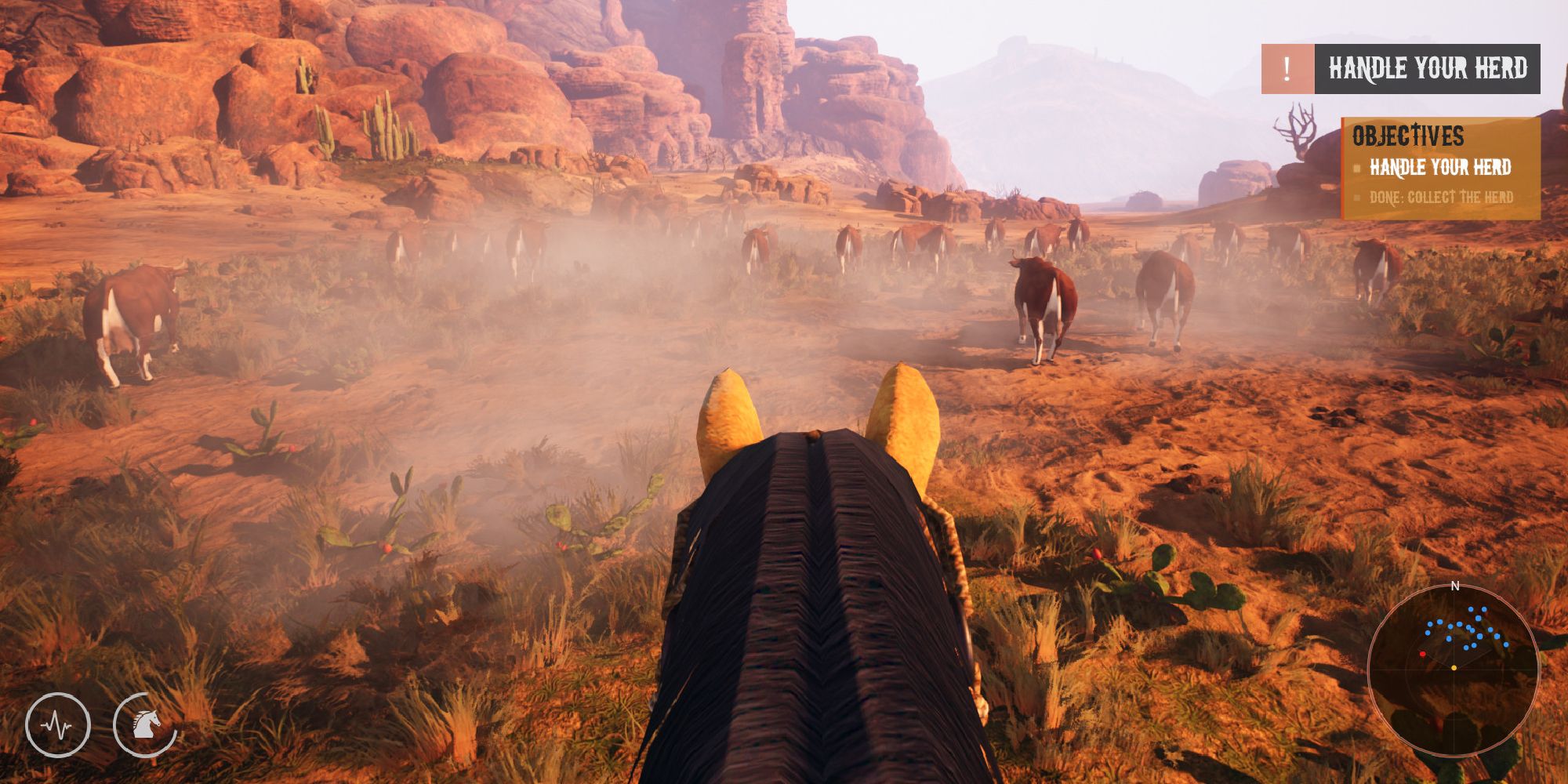 player riding a horse while facing cattle