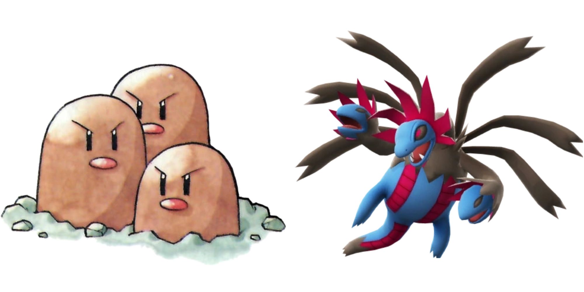 split image of dugtrio and hydreigon from pokemon