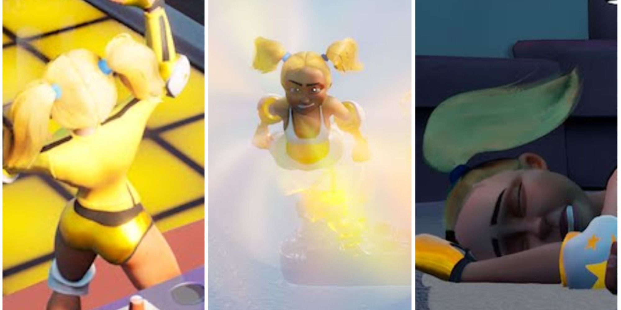 Three images of wrestler characters: one celebrating, one flying through the air and one ko'ed