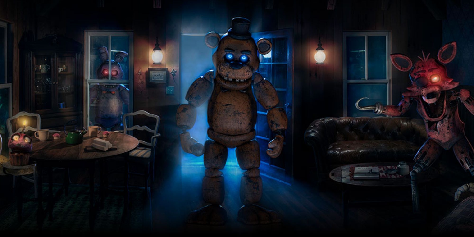 Inside a house, four animatronics can be seen staring threateningly at the camera