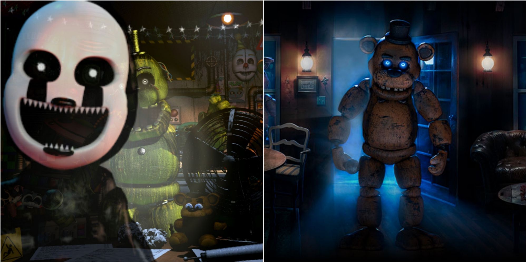 Two pictures side by side, the left of the fnaf puppet and golden freddy behind him, the right of freddy inside a house