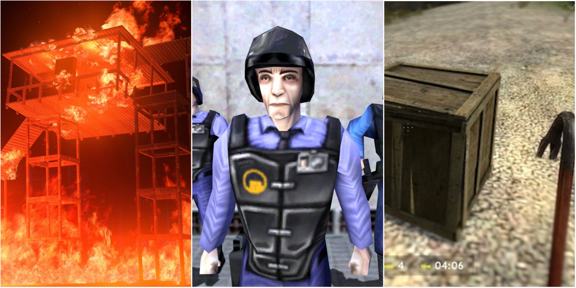 Three images from garry's mod, including a structure on fire, a police officer, and a wooden crate