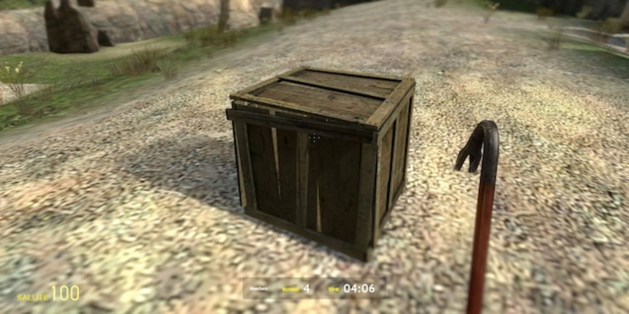 a wooden crate sitting out in the middle of nowhere