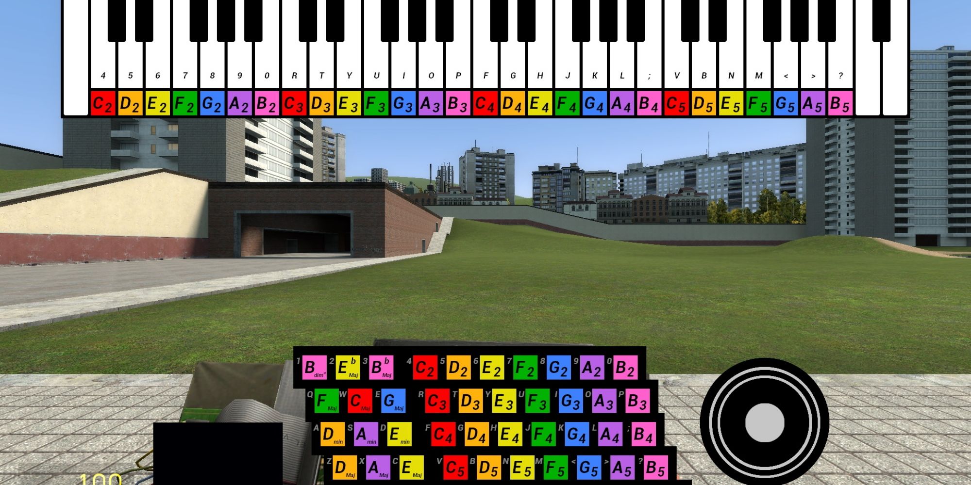 a piano keyboard at the top of the screen with a matching keyboard on the bottom to show the corresponding notes