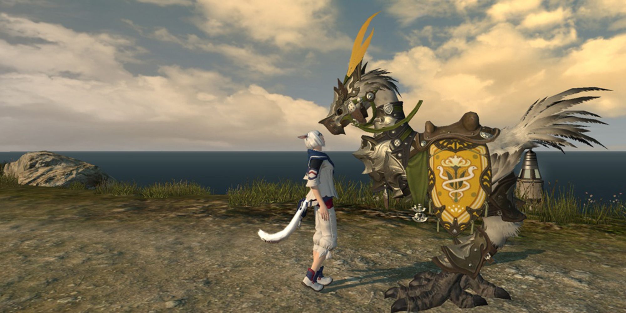 player next to chocobo equipped with gridanian crested barding