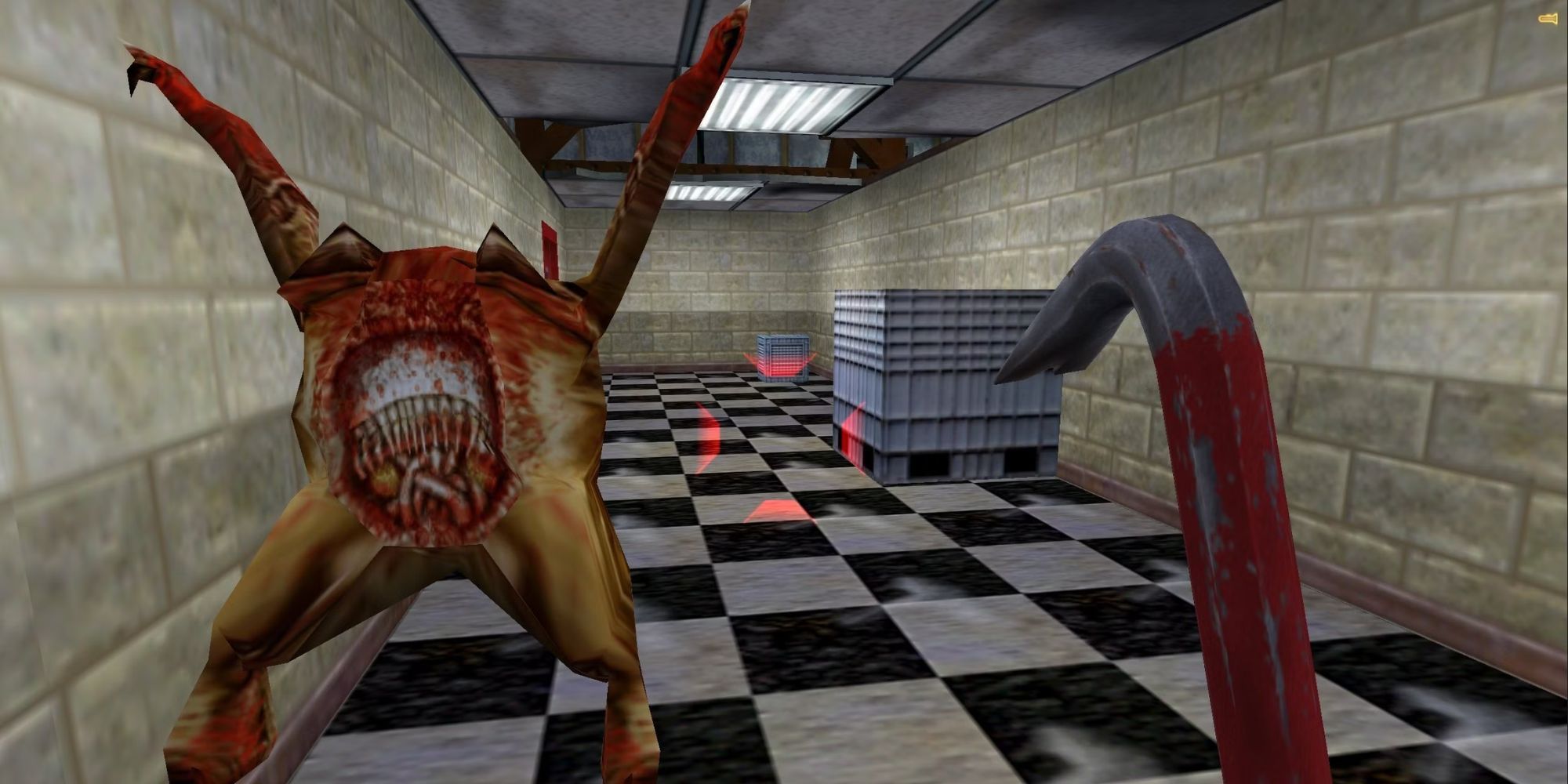 The player holding a pipe in first-person view at an incoming monster in Half-life