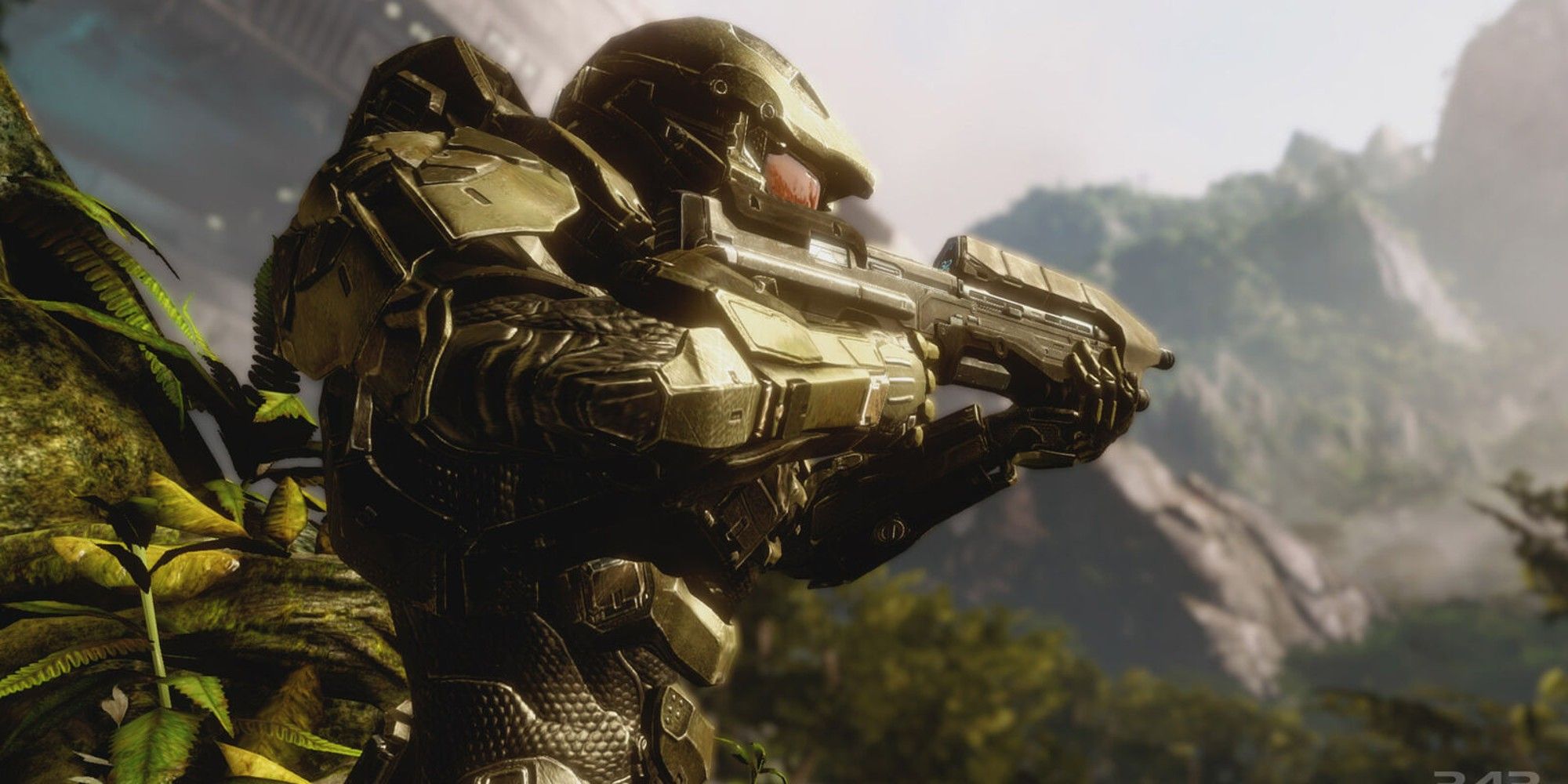 Master Chief surrounded by plants and grass holding a gun and aiming it at something offscreen