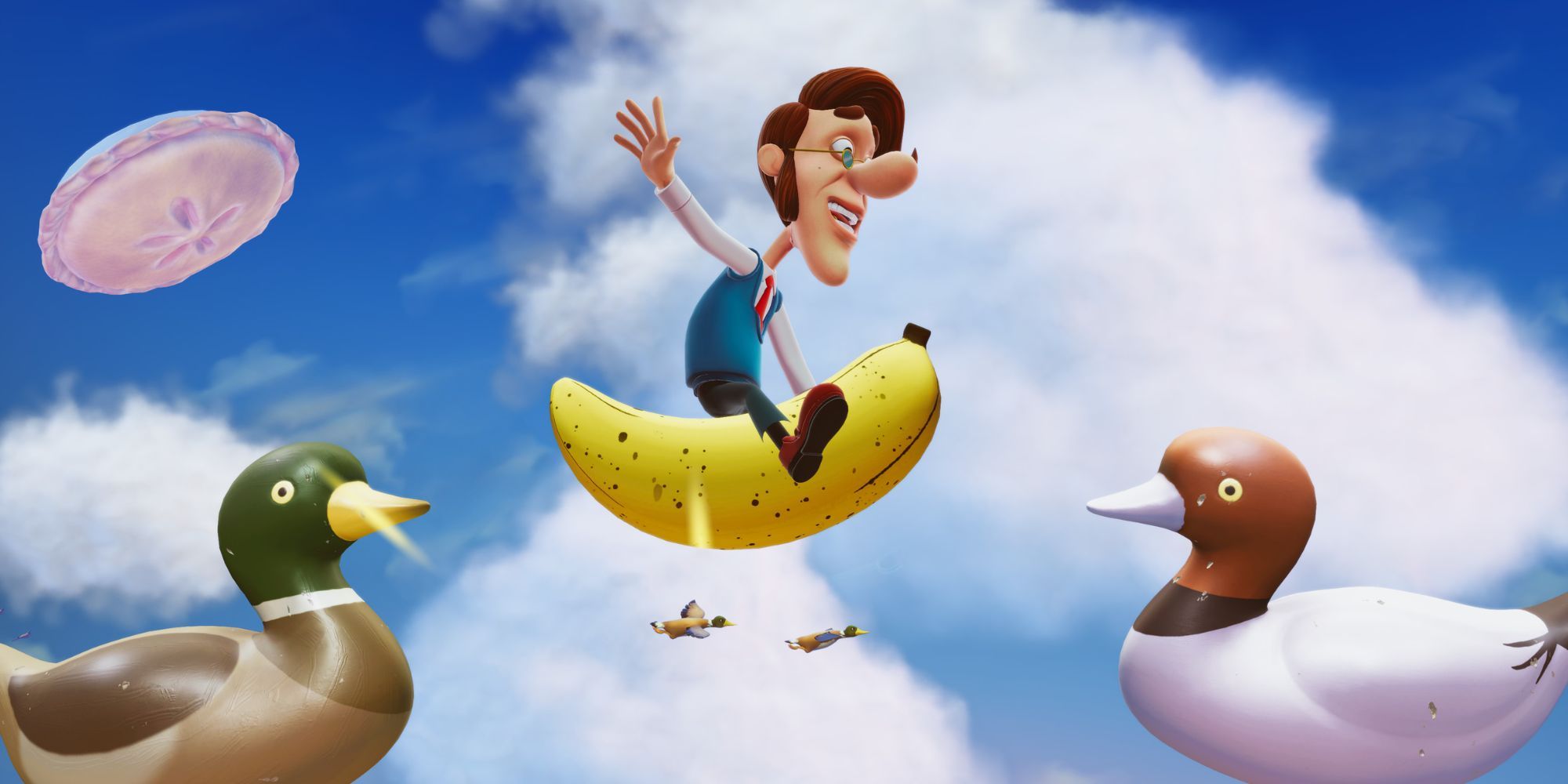a shot of Hugh Neutron from Nickelodeon: All-Star Brawl riding a banana in the sky as plastic ducks watch