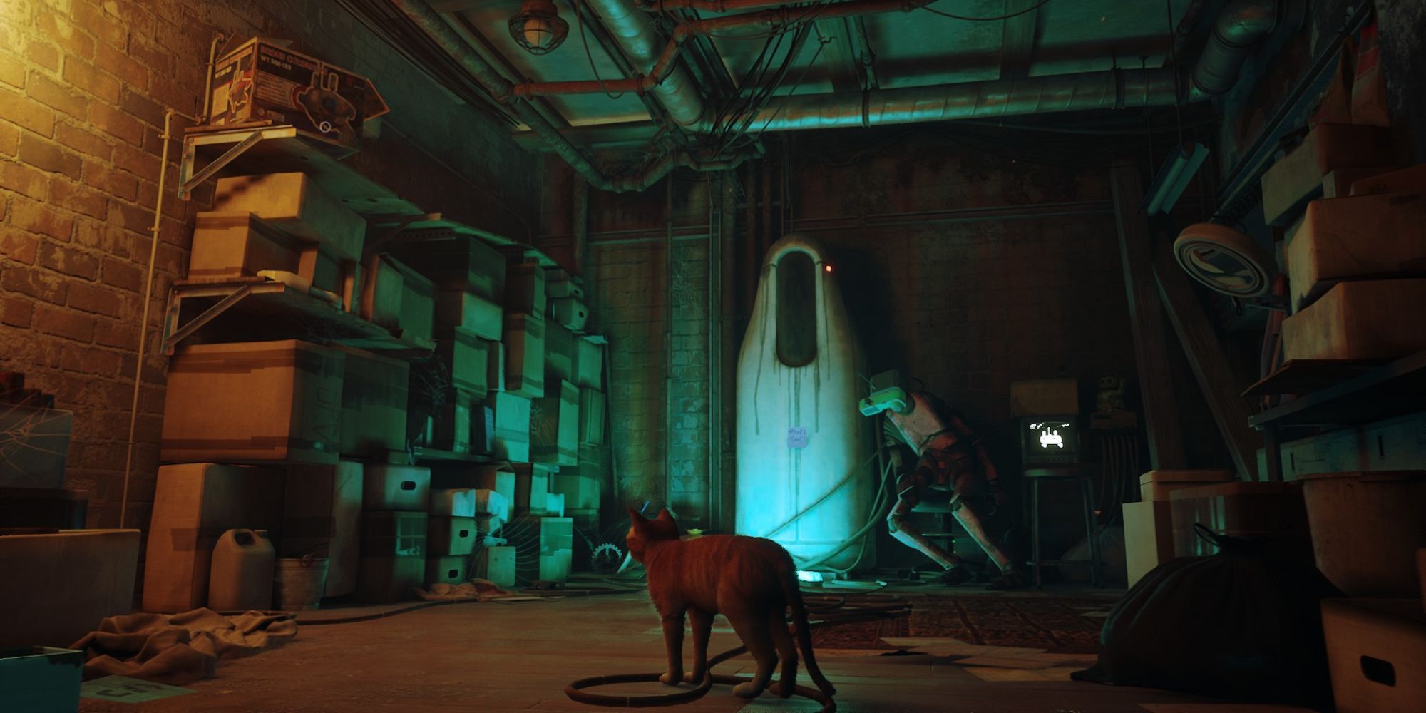 the stray cat sees an abandoned lab filled with boxes, a broken down robot is connected to a machine 