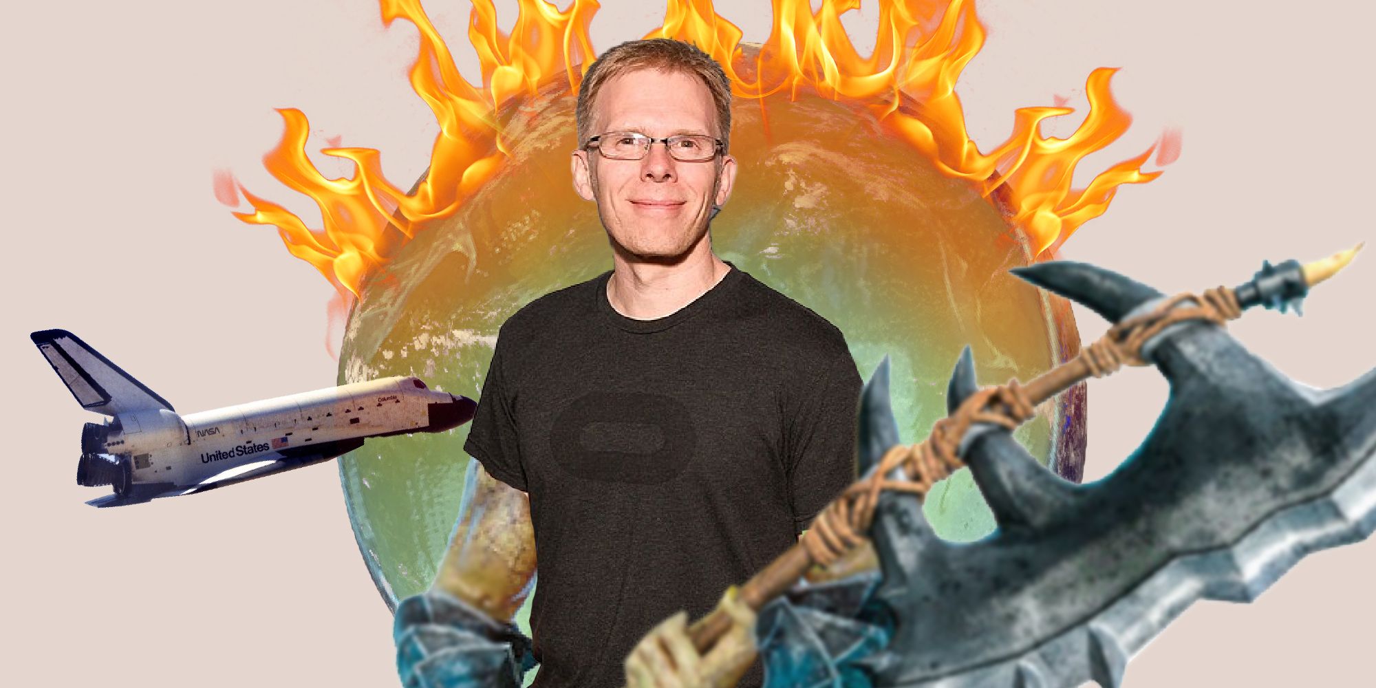 John Carmack in front of a burning earth covered in Vaseline holding a battle axe with a space shutting flying by 