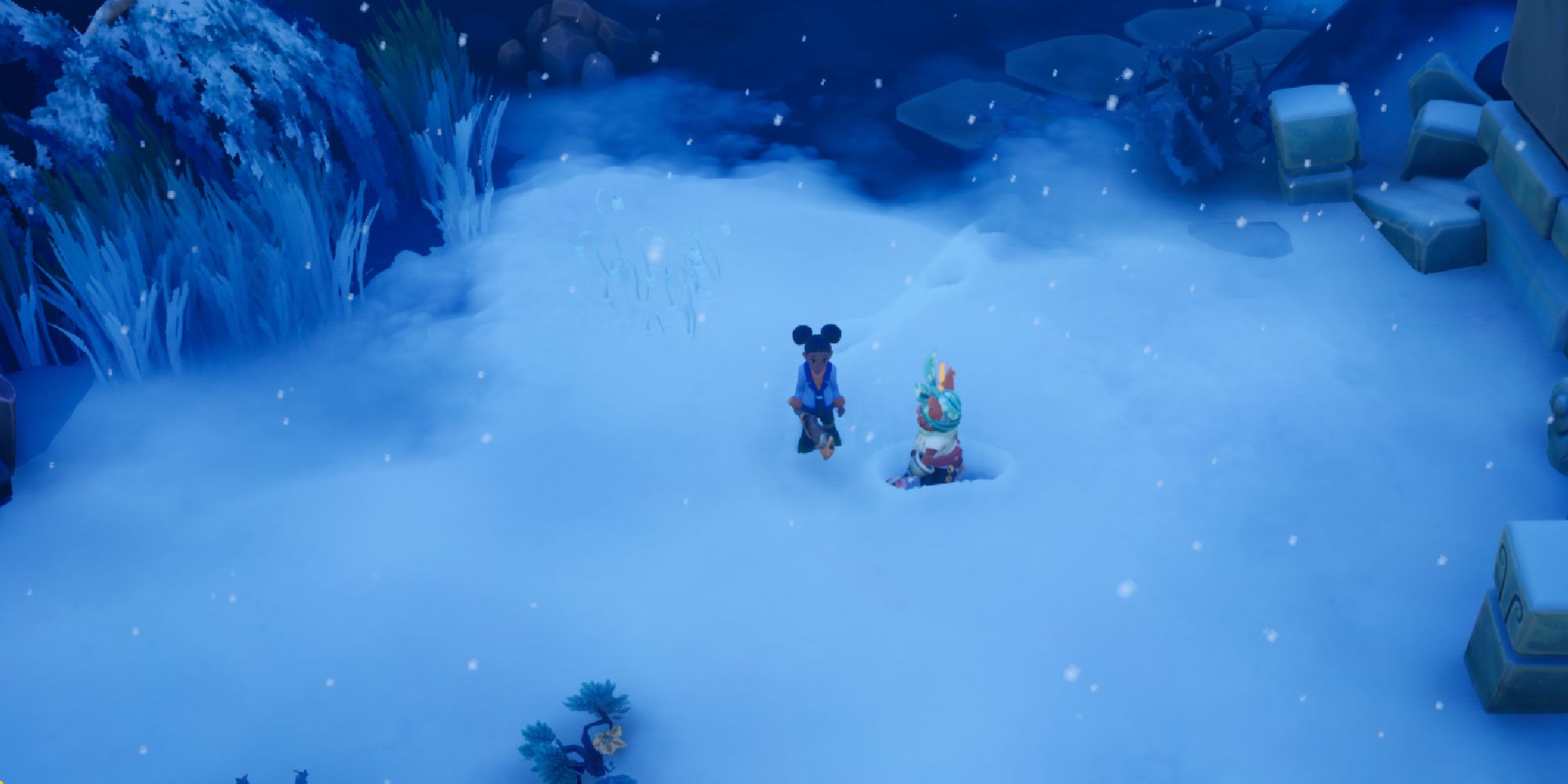fiola and player standing in snow