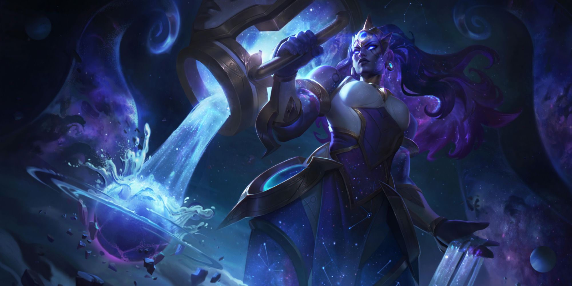 Cosmic Invoker Illaoi looking like a representation of Aquarius, the water bearer, as she pours water on a planet