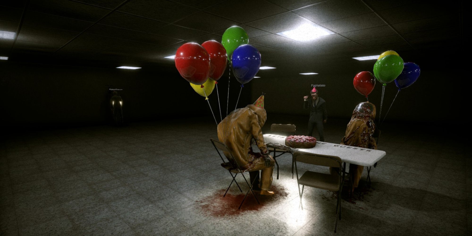 players in party hats explore room with a table, dead guests, balloons, and a rotting cake in the center