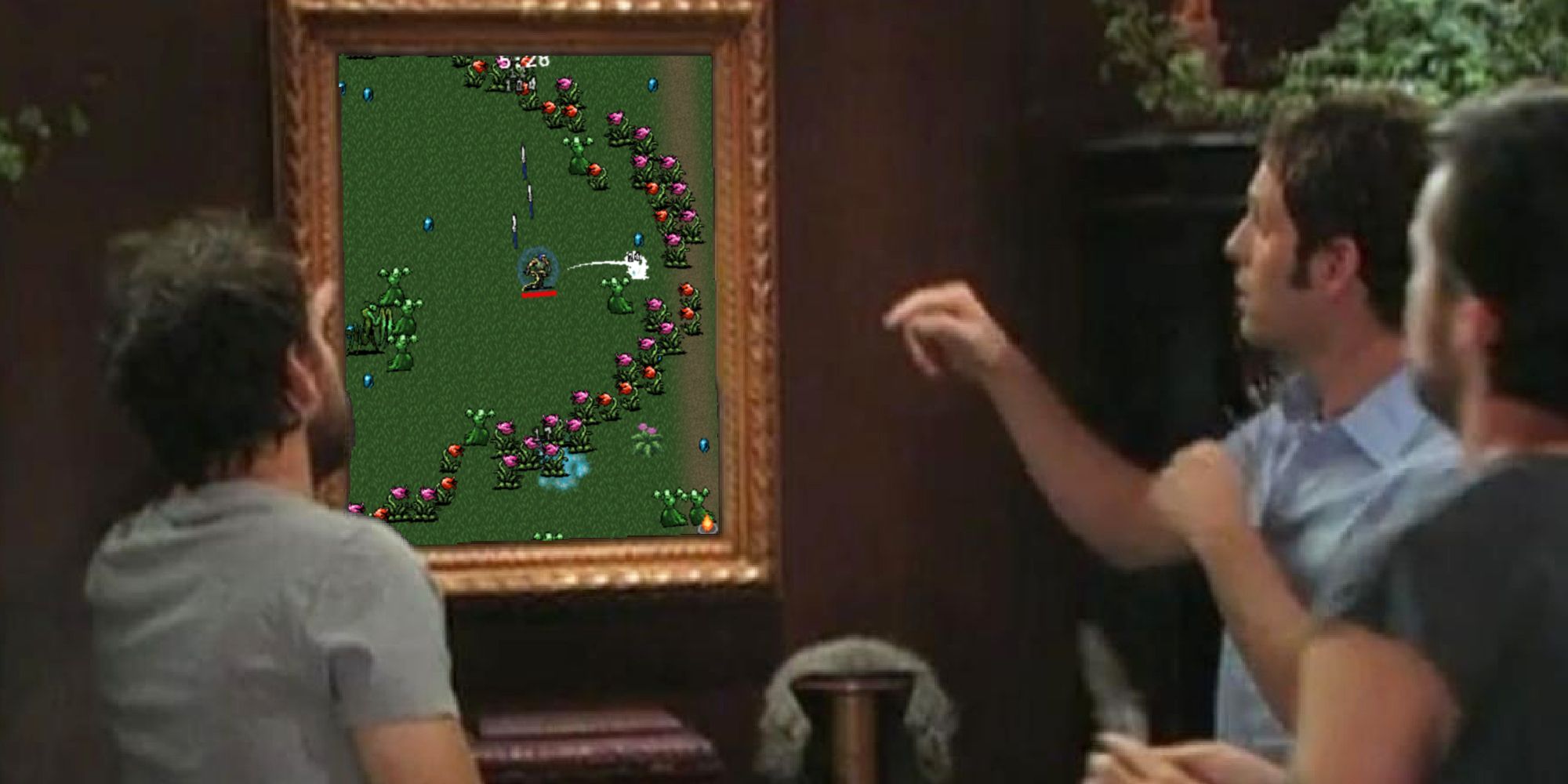 Charlie, Dennis, and Mac from It's Always Sunny pointing at a framed image of the flower enemies from Vampire Survivors.