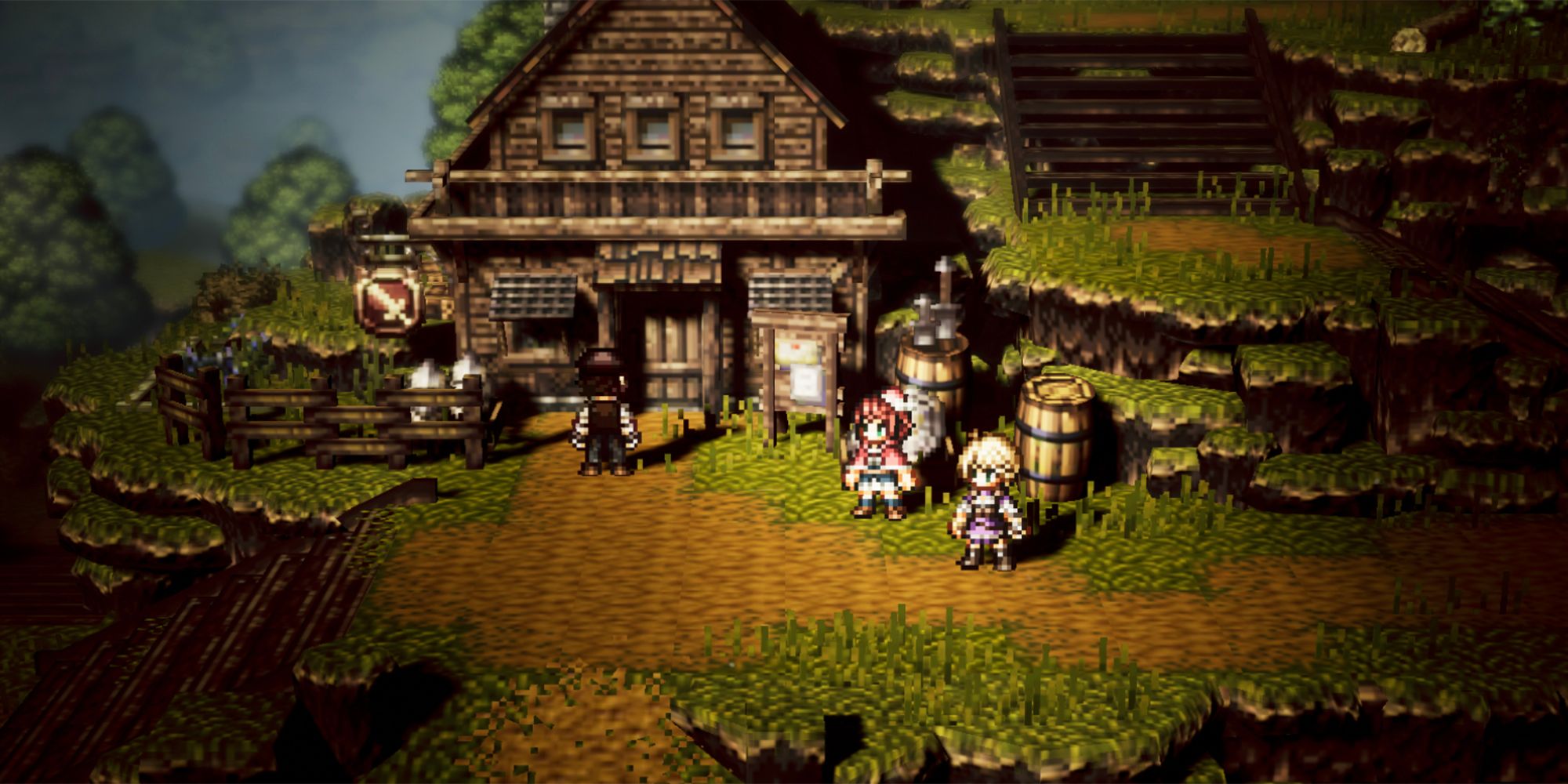 characters outside of Kota's smithy in the nameless town in Octopath Traveler: CoTC.