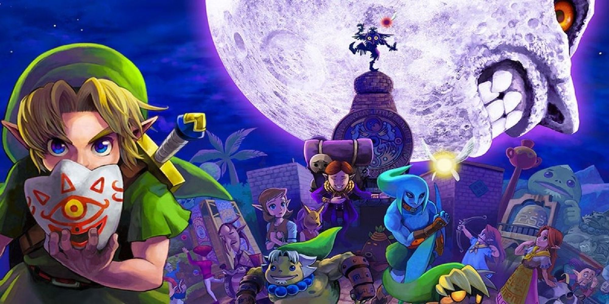 promotional art for majoras mask showing link and clock town in termina
