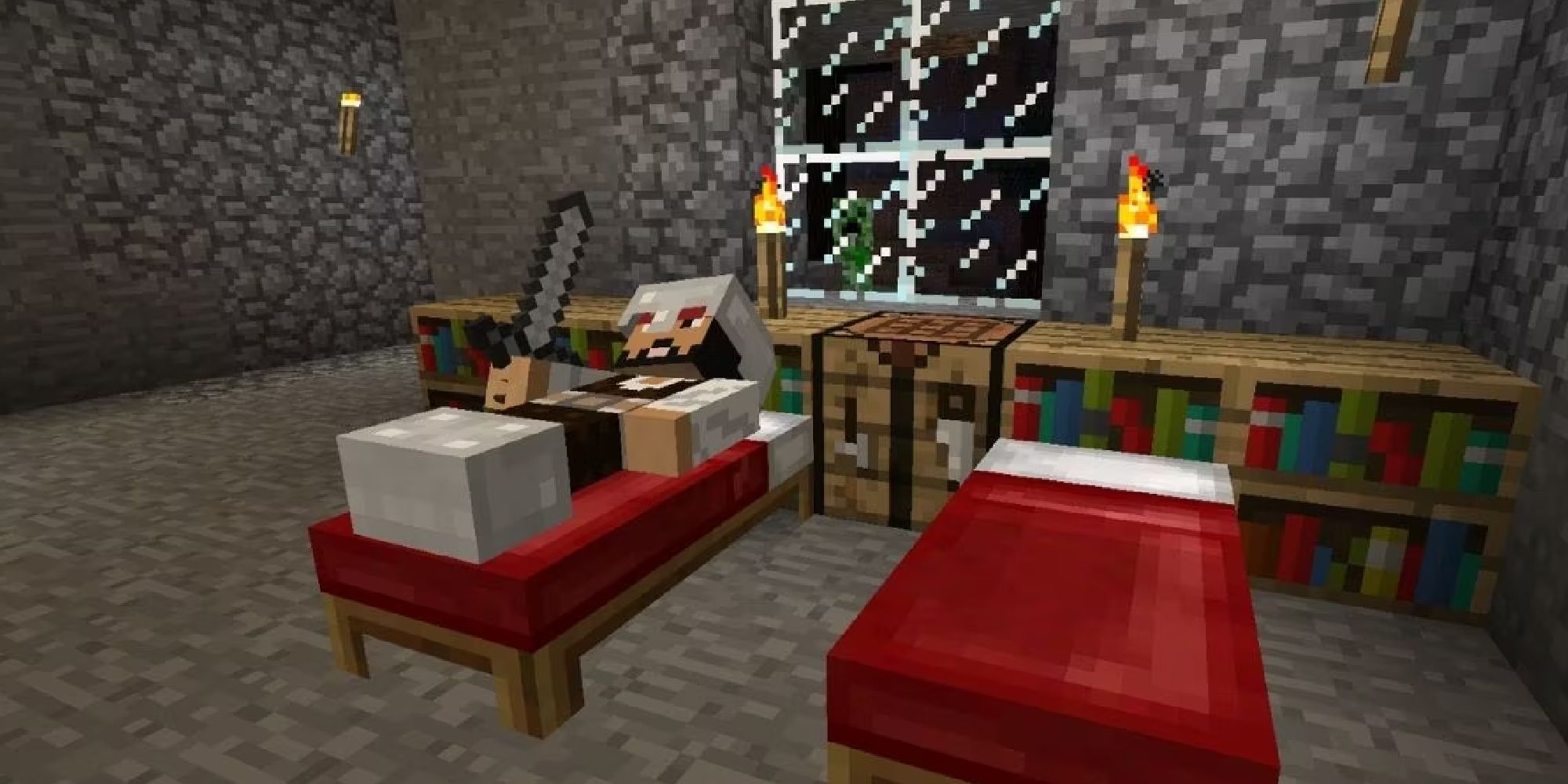 A player sleeping in a bed.