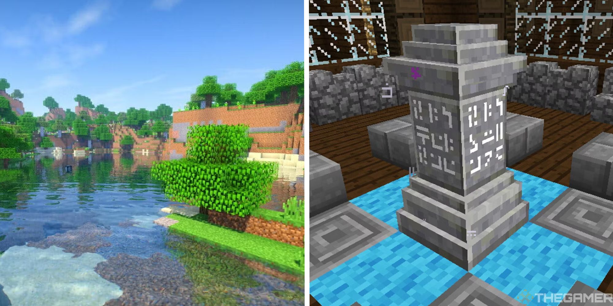 image of minecraft world with shaders, next to image of modded waystone