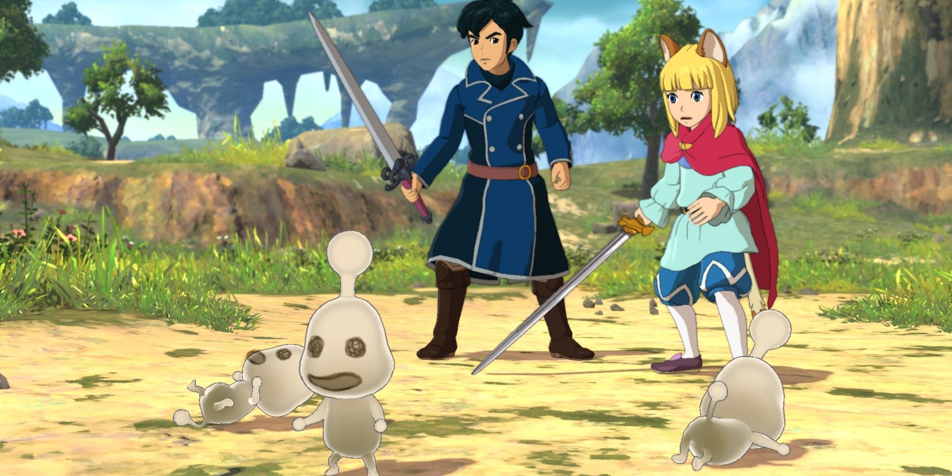 Ni No Kuni II screenshot of Roland and Evan standing with a group of Higgledies