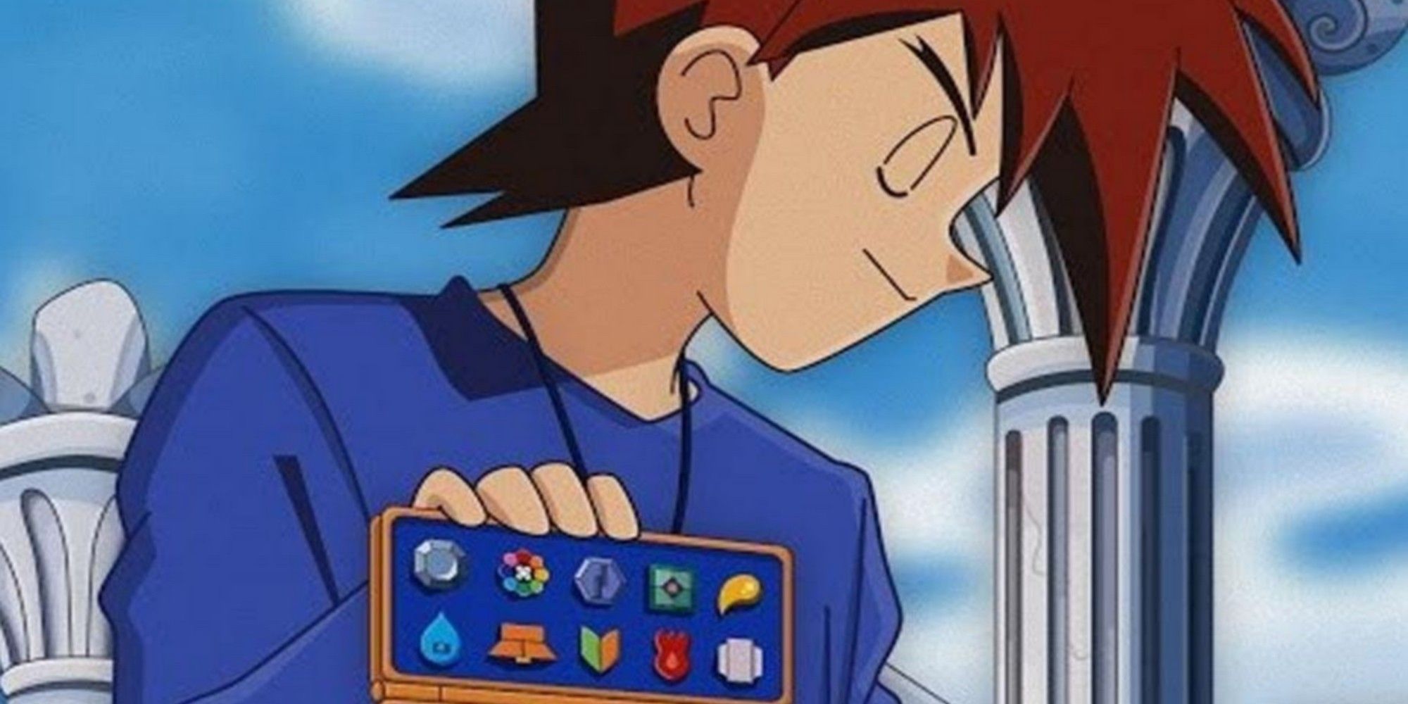 Gary Oak showing off his gym badges in the Pokemon anime