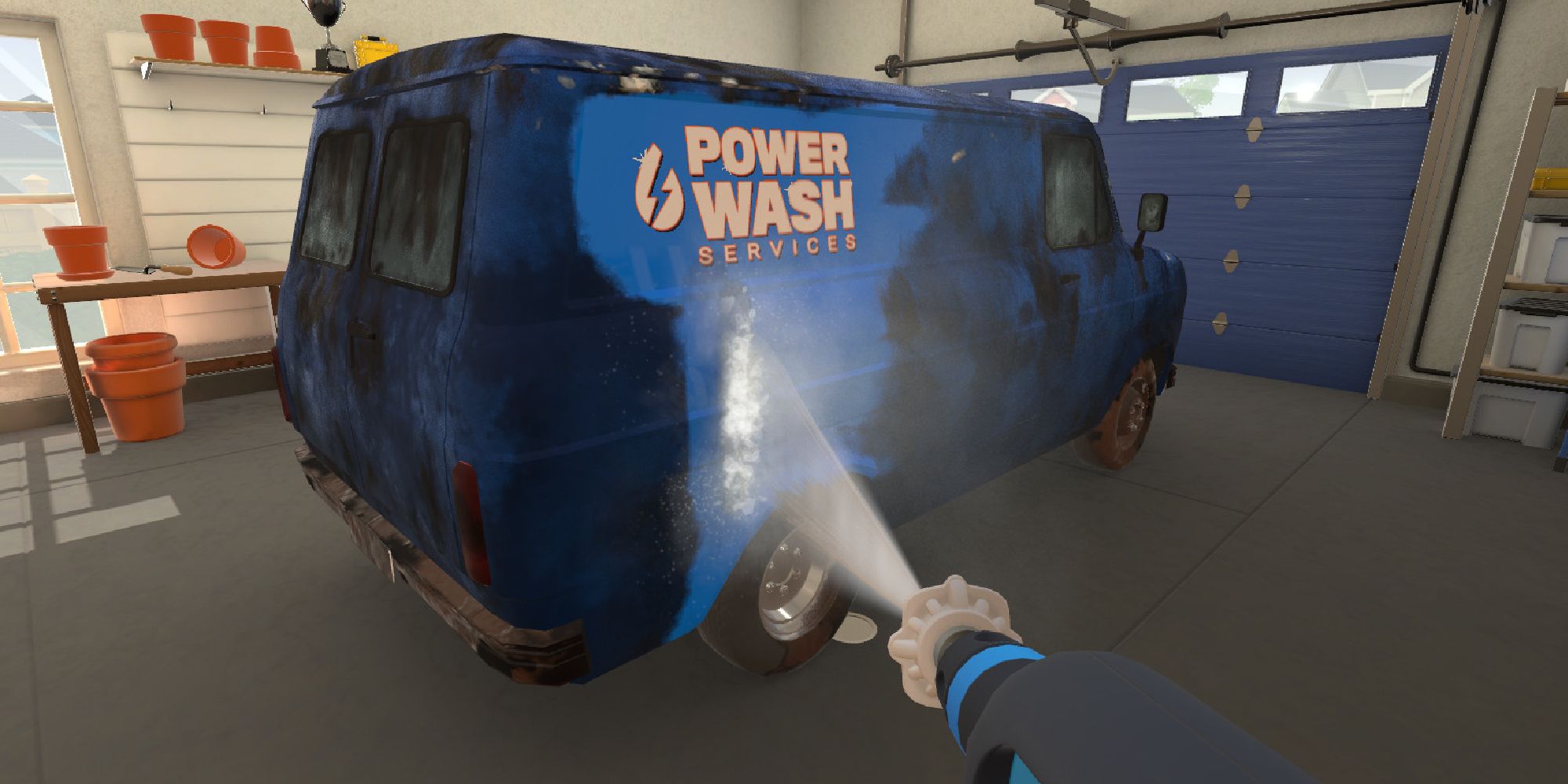 Player power washing a blue van.