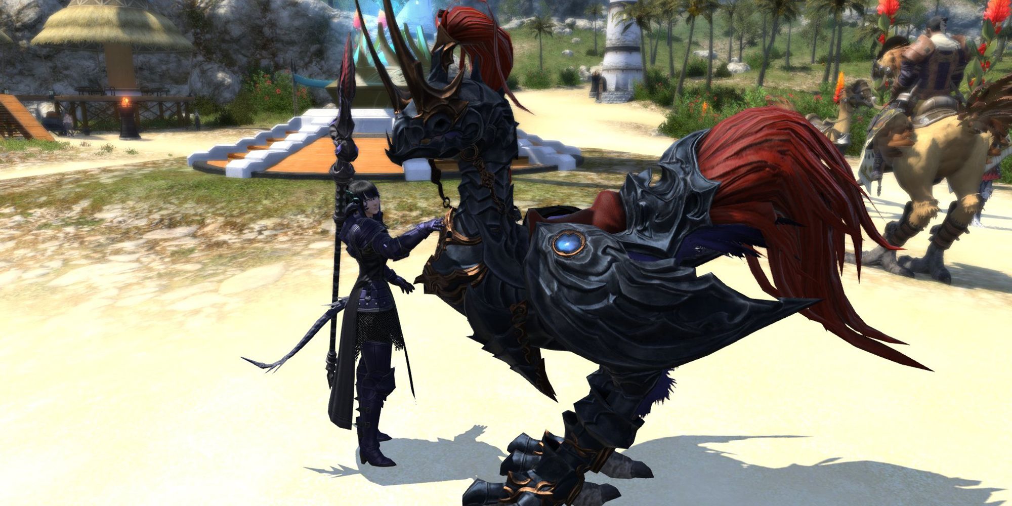 player standing next to chocobo with revelers barding equipped