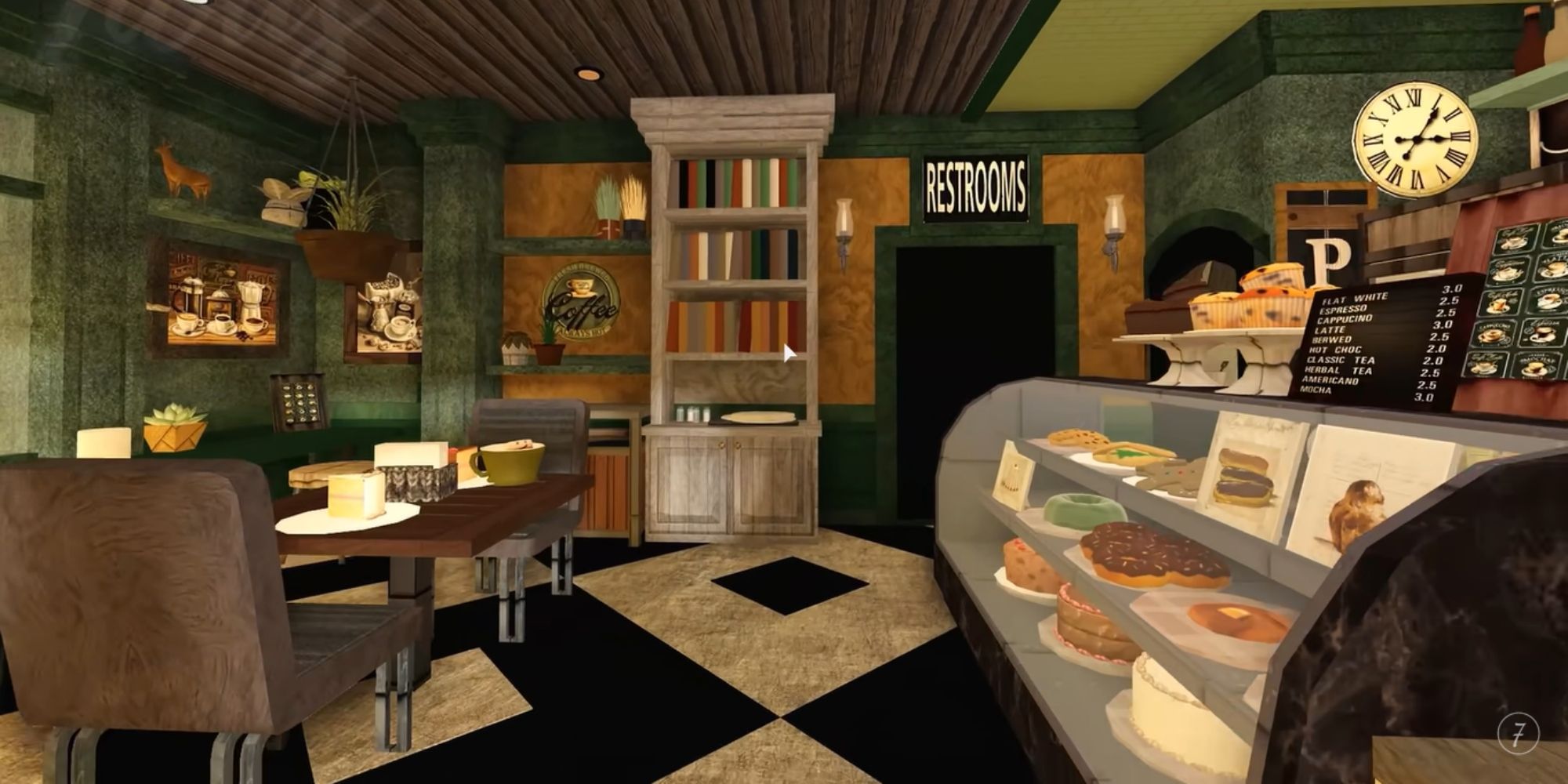 a roblox cafe with a large display case of goodies and some tables full of treats