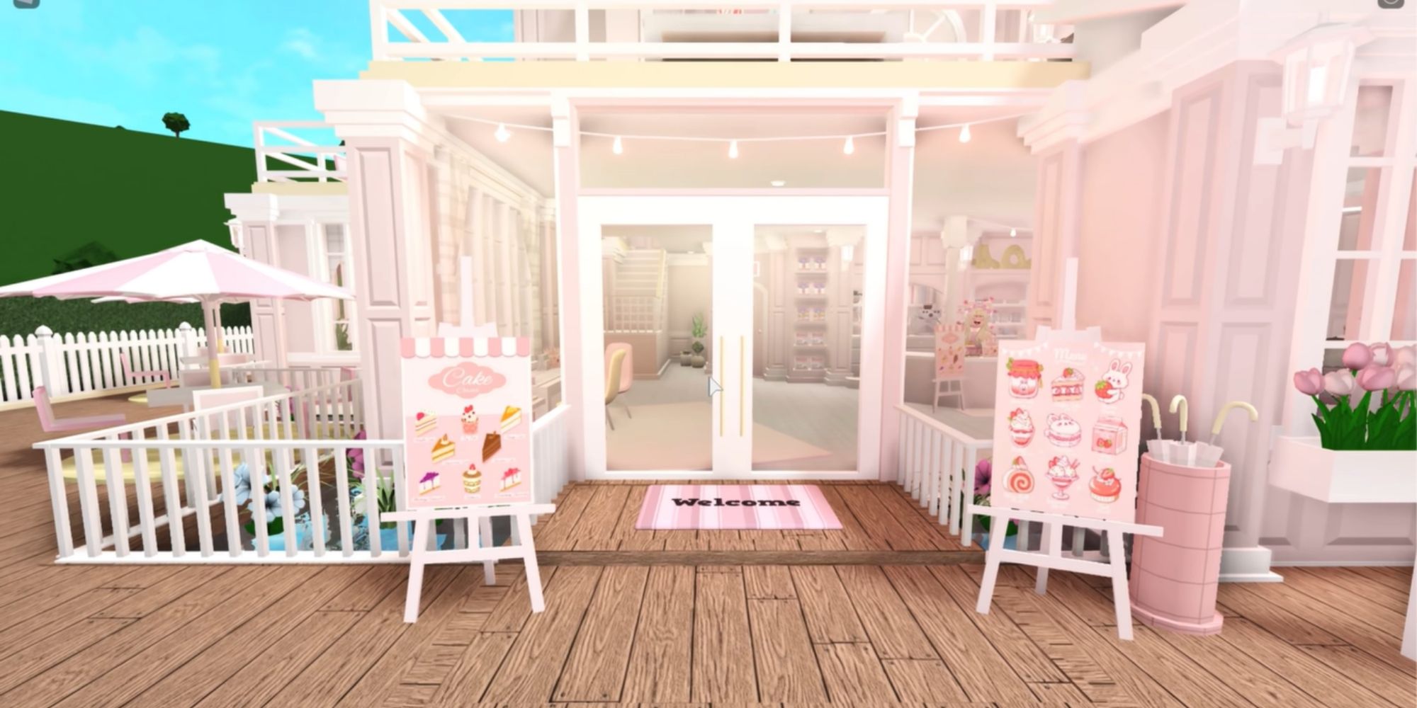 the front door of a roblox cafe with signs on either side of it