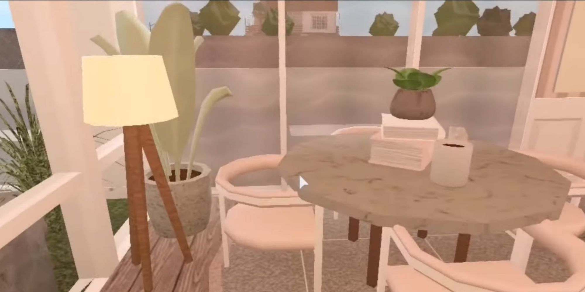a roblox cafe table with a small plant on the center of it