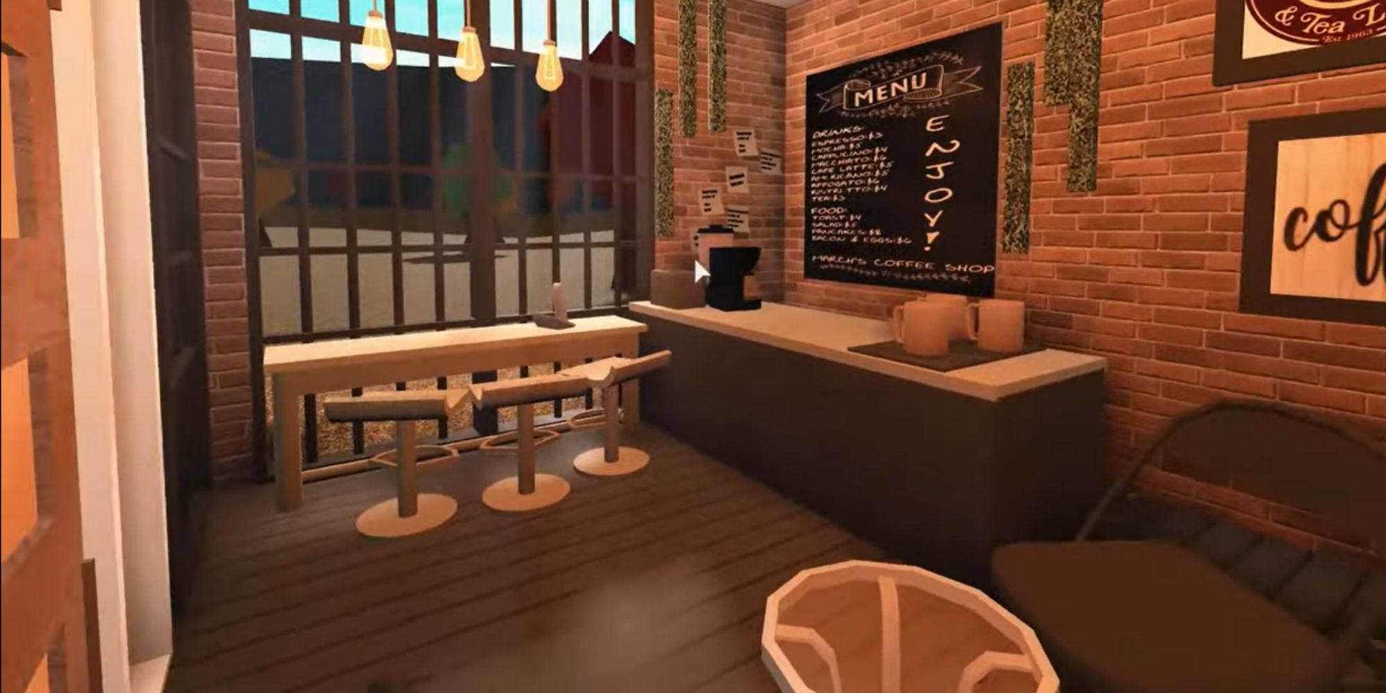 the inside of a roblox cafe with seating
