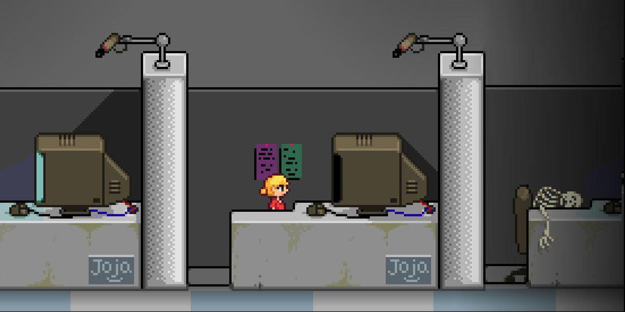 skeleton at joja corp desk