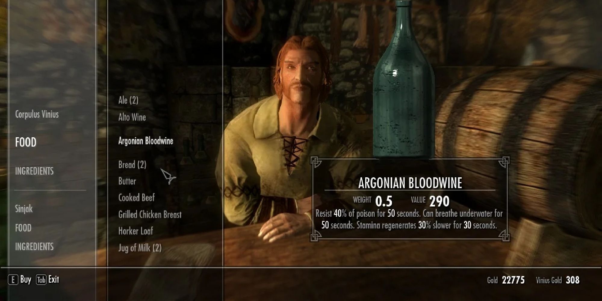 player buying argonian bloodwine from vendor