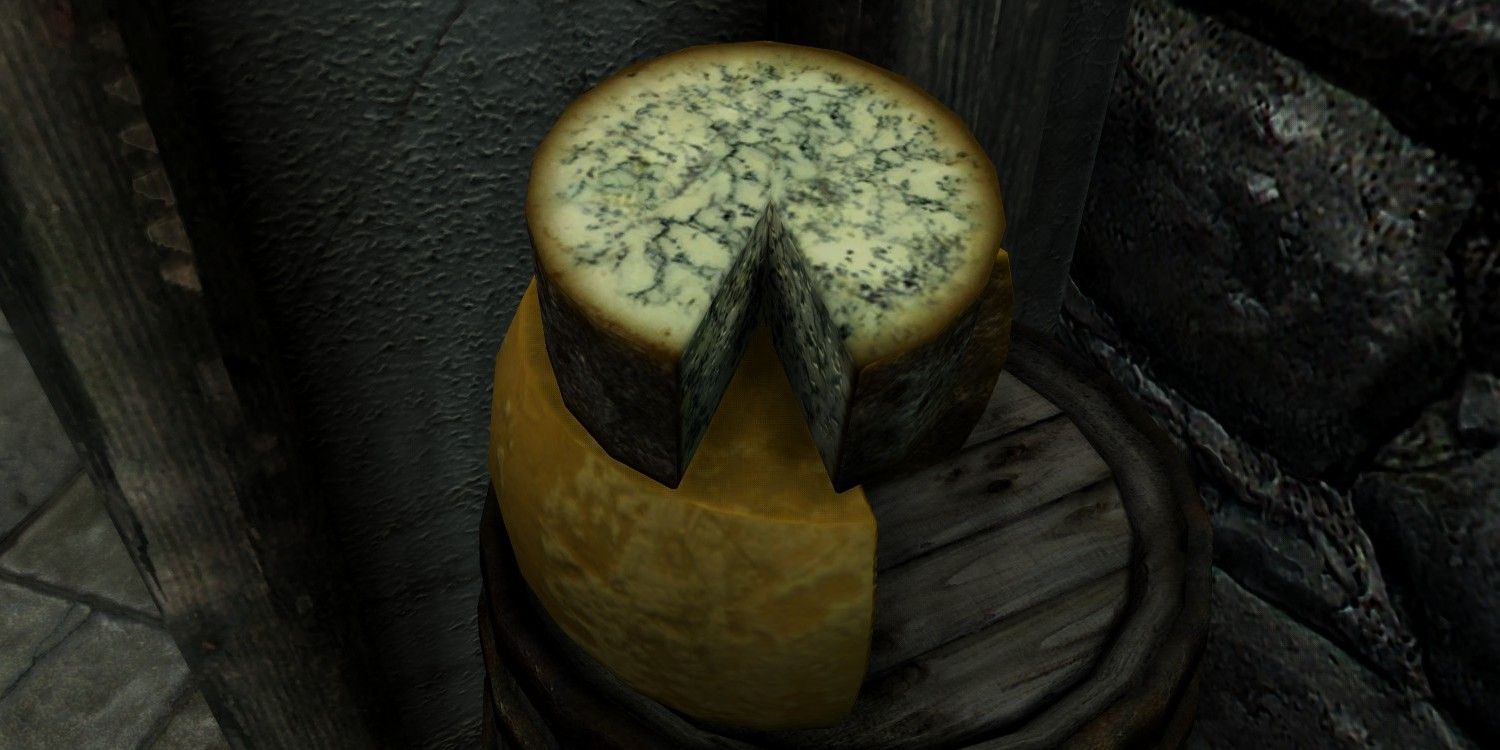 Skyrim screenshot of two sliced cheeses.
