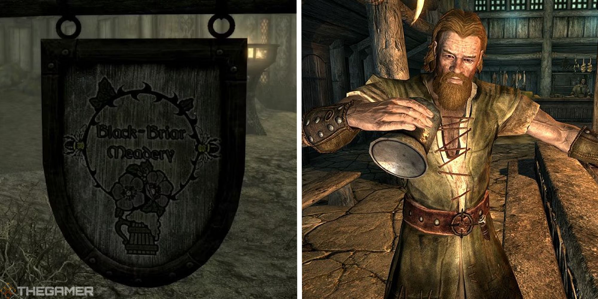 image of black briar meadery sign next to image of NPC taking a drink