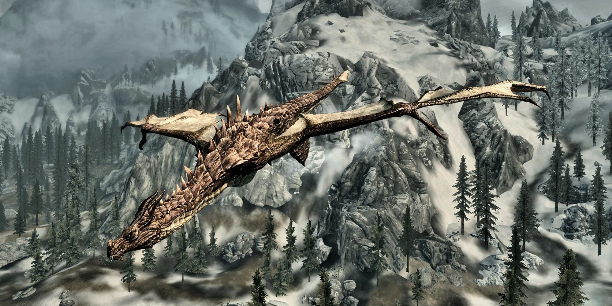 dragon fling through the sky with snowy mountain in background