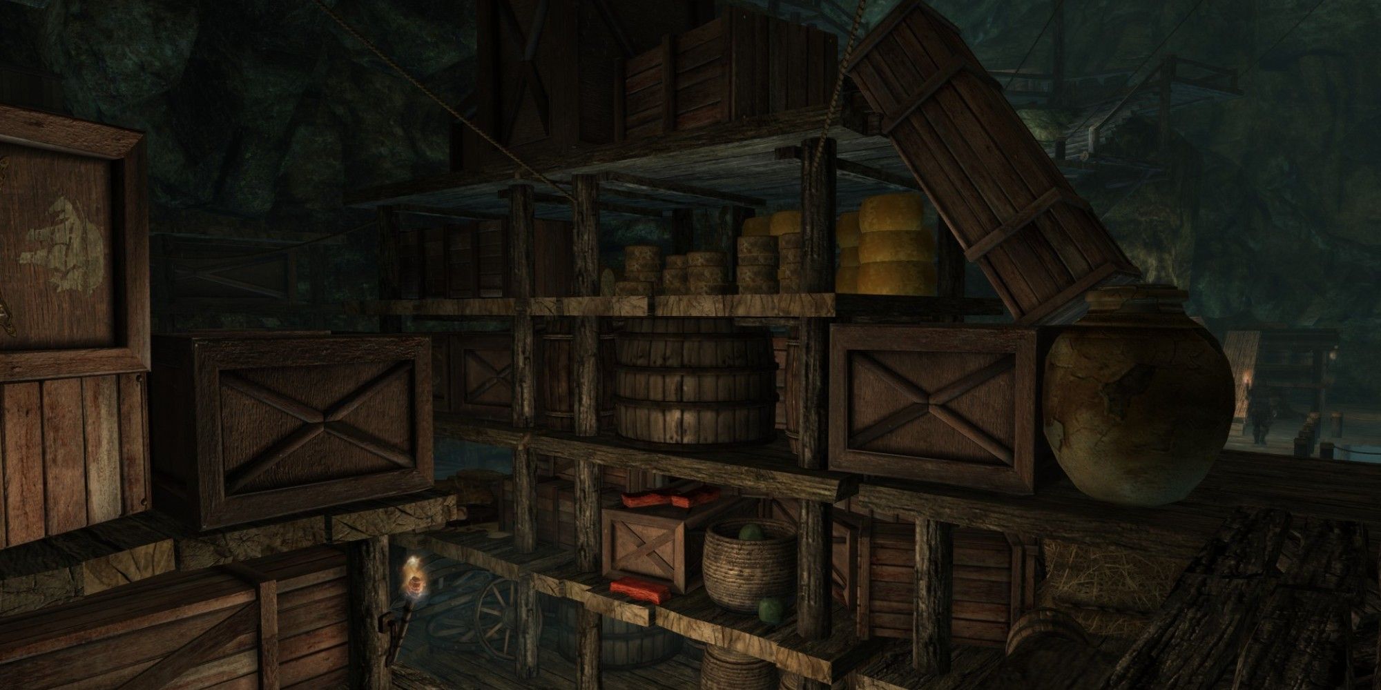 Skyrim screenshot of East Empire Company warehouse shelves.