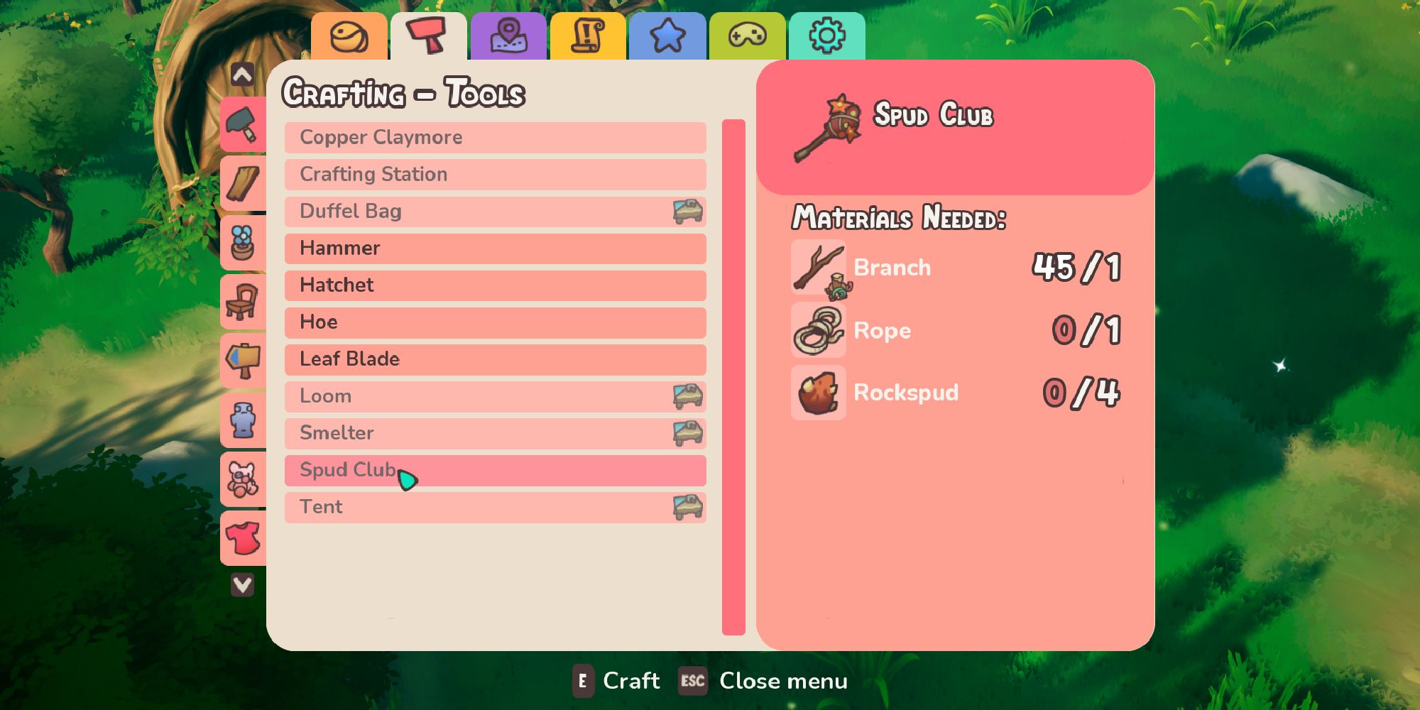 spud club crafting menu